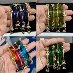 4mm Premium Jelly glass bangles set with kashmiri gold,Indian trending chudiyan,All size and Colors Available,Make your beautiful set
