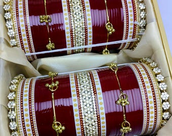 Premium Maroon Braut Chooa Set • Punjabi Hochzeit Choora mit Kaleere • Indische Braut Armreifen • Luxus Dulhan Chura • Geschenk für Braut|Kaleera