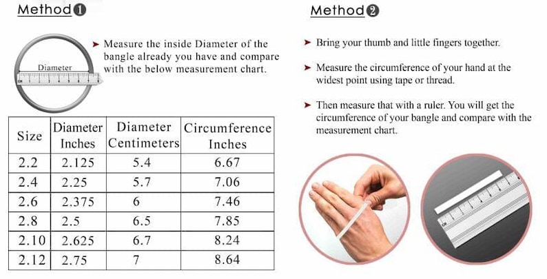 K&ouml;nnte beinhalten: Diagramm mit zwei Methoden zur Messung der Armreifgr&ouml;&szlig;e. Methode 1 zeigt die Messung des Innendurchmessers in Zoll und Zentimetern. Methode 2 zeigt die Messung des Handumfangs. Eine Umrechnungstabelle ist enthalten.
