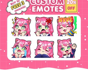 May include: A set of six digital custom emotes featuring a character with pink hair and cat ears in various expressions. Text includes BUY 10 FREE 3 ANIMATED, CUSTOM EMOTES, DISCOUNT 20% OFF, HYPE, and HIGH QUALITY | UNLIMITED REVISIONS READY TO USE 1000 PX, 112PX, 56PX, 28PX.