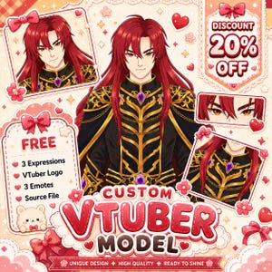 May include: A digital illustration of a character with long red hair wearing black and gold ornate armor with purple gems. The image includes text such as CUSTOM VTUBER MODEL, FREE, 3 Expressions, VTuber Logo, 3 Emotes, Source File, and DISCOUNT 20% OFF.