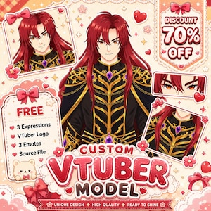 May include: A digital illustration of a custom VTuber model featuring a character with long red hair and amber eyes, wearing black and gold ornate armor with purple gems. The image includes text overlays like DISCOUNT 70% OFF and FREE 3 Expressions.