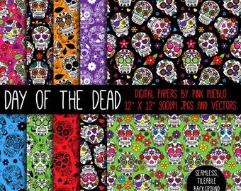 Day of the Dead Skulls Digital Paper, Day of the Dead Halloween Digital Scrapbook Paper - Commercial and Personal Use