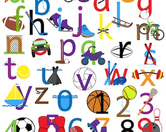 Sports Alphabet Clipart Clip Art, Sports Letters Font, Lowercase and Numbers - Commercial and Personal Use
