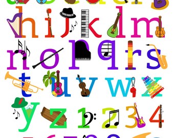 Music Alphabet Clipart Clip Art, Musical Instruments Letters Font, Lowercase and Numbers - Commercial and Personal Use