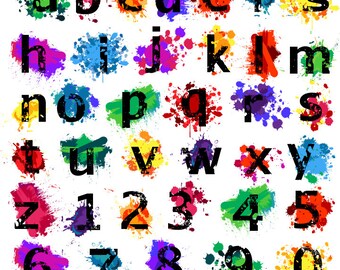 Grunge Alphabet Clipart Clip Art, Graffiti Paint Splatter Letters Font, Lowercase and Numbers - Commercial and Personal Use