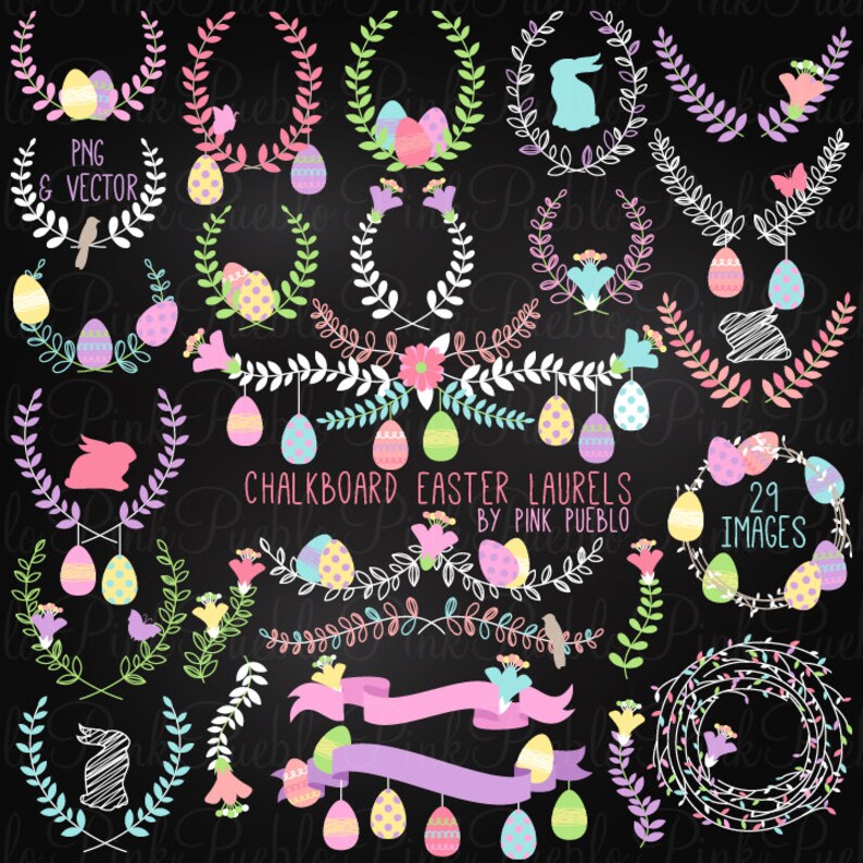 Chalkboard Easter Laurel Clip Art Clipart Chalk Easter Floral Etsy
