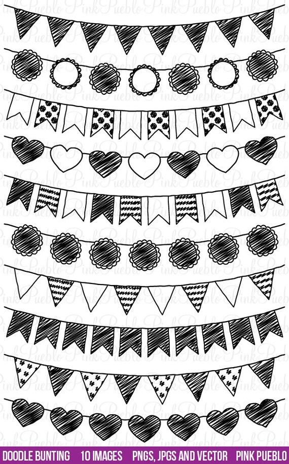 Doodle Bunting Clipart Clip Art Doodle Flags Ribbons Banners Etsy