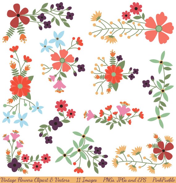 Vintage Flowers Clipart Clip Art And Vectors Flower Etsy