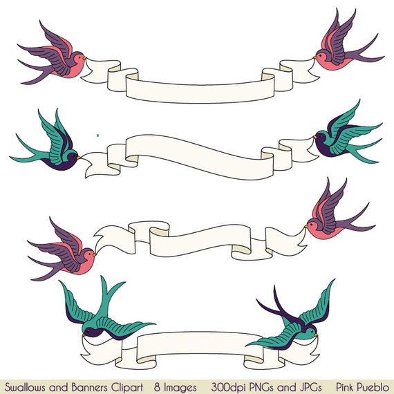 Swallows And Banners Clipart Clip Art Vintage Bird Banner Etsy