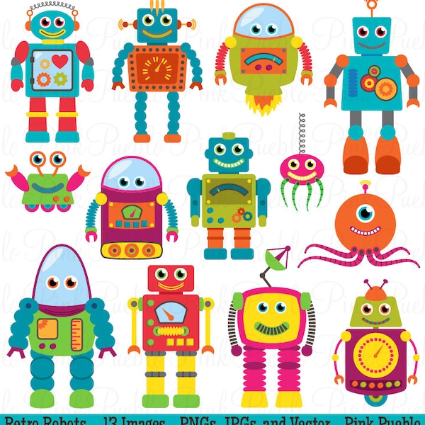 Robots Clip Art Clipart, Retro Robot Party Clipart Clip Art Vectors - Commercial and Personal Use