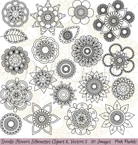 Doodle Flowers Silhouettes Clipart Clip Art 2 Doodle Flowers | Etsy