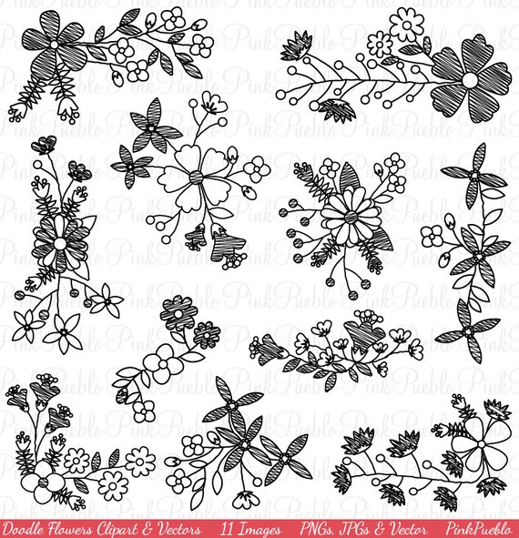 Doodle Flowers Clipart Clip Art Hand Drawn Sketched Flowers Etsy