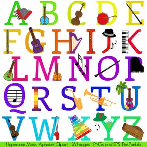 Music Alphabet, Font with Instruments Letters Clipart Clip Art, Uppercase - Commercial and Personal Use
