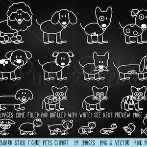 Chalkboard Stick Figure Pets Clipart Clip Art Vectors, Chalk Stick Animals Clip Art Clipart Vectors - Commercial and Personal Use