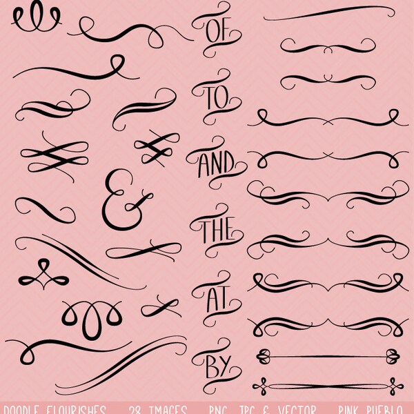 Hand Drawn Flourishes Clipart Clip Art Vectors, Digital Flourishes Swirls for Invitations - Commercial and Personal Use