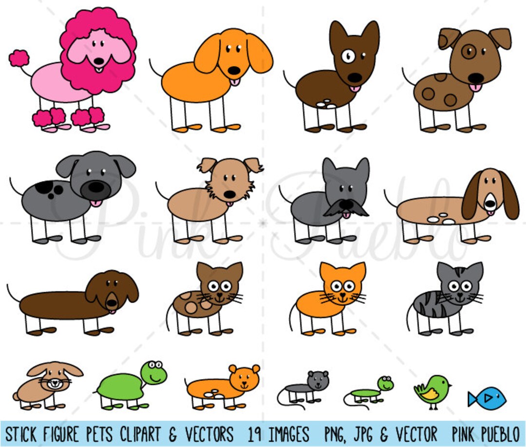 Stick Figure Pets Clipart Clip Art Vectors Stick Family Clip Etsy