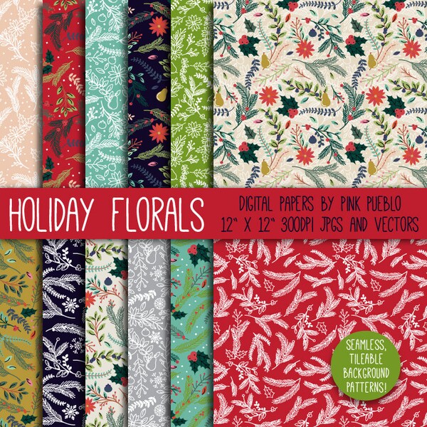 Christmas Holiday Floral Digital Paper Scrapbook Paper, Christmas Floral Background Pattern - Commercial and Personal Use