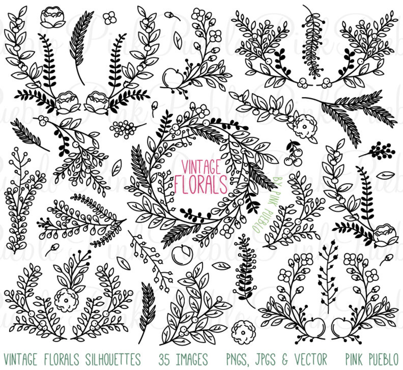 Vintage Floral Silhouettes Clipart Clip Art Vintage Rustic | Etsy
