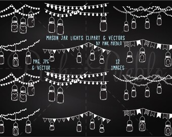 Chalkboard Hanging Mason Jar Lights Clip Art Clipart, Chalk Mason Jar Bunting Clipart Clip Art Vectors - Commercial and Personal Use