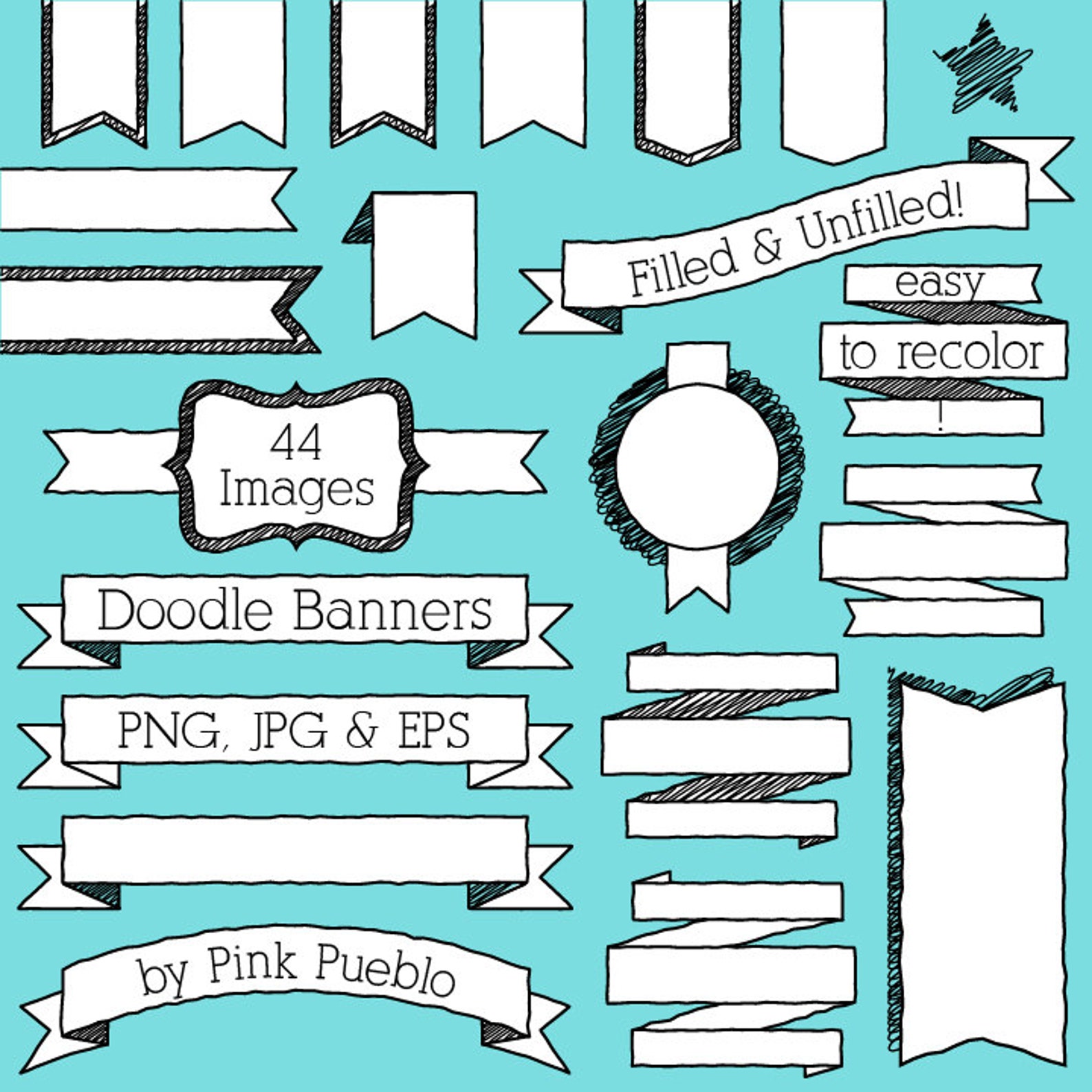 Doodle Banners Clipart Clip Art Doodle Badges Labels Tags Etsy