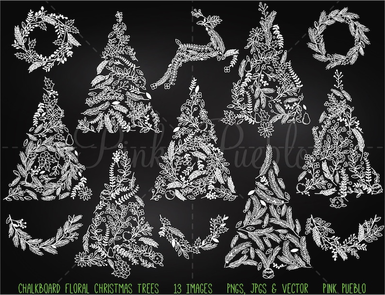 Chalkboard Floral Christmas Tree Clipart Clip Art Christmas | Etsy