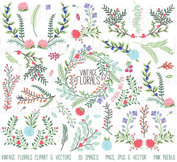 Vintage Floral Clipart Clip Art Vintage Rustic Wedding Laurel Etsy