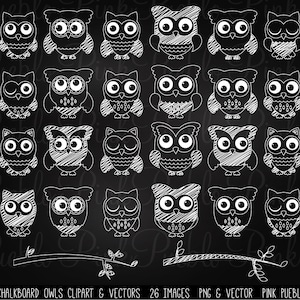 Chalkboard Owl Clipart Clip Art, Chalk Owl Branches Clipart Clip Art Vectors - Commercial Use
