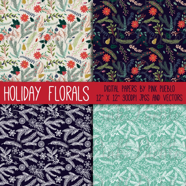 Christmas Holiday Floral Digital Paper Scrapbook Paper Christmas Floral Background Pattern Commercial and Personal Use