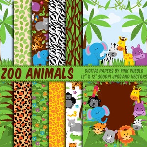 Zoo Animal Digital Paper, Zoo Animal Scrapbook Paper, Safari Animal Scrapbook Paper, Safari Animal Digital Paper - Commercial Use