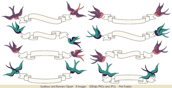Swallows And Banners Clipart Clip Art Vintage Bird Banner Etsy
