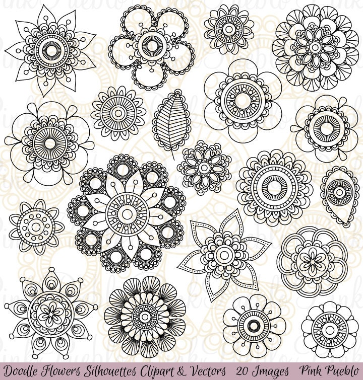 Doodle Flowers Silhouettes Clipart Clip Art Doodle Flowers | Etsy