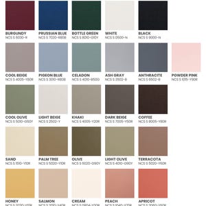 May include: A color palette chart featuring twenty-six square swatches arranged in a grid. Each swatch displays a unique color with its corresponding name and NCS code printed in black text below, including shades like burgundy, prussian blue, bottle green, white, black, cool beige, pigeon blue, celadon, ash gray, anthracite, powder pink, cool olive, light beige, khaki, dark beige, coffee, sand, palm tree, olive, light olive, terracota, honey, salmon, cream, peach, and apricot.