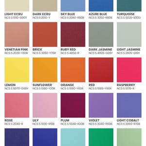 May include: A color chart featuring twenty-five square swatches arranged in a five-by-five grid. Each swatch displays a unique color with its corresponding name and NCS code printed in black text below it, ranging from light ecru to pistachio.