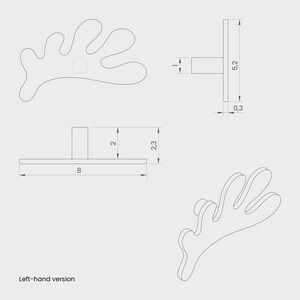 K&ouml;nnte beinhalten: Strichzeichnung eines dekorativen T&uuml;rgriffs mit organischer Form. Der Griff wird in mehreren Ansichten mit den Ma&szlig;en 8 cm lang, 5,2 cm hoch und 0,3 cm dick dargestellt. Der Text "Left-hand version" ist ebenfalls enthalten.