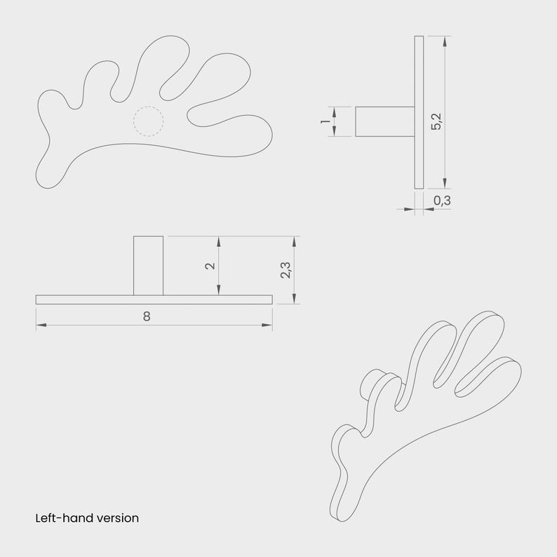 K&ouml;nnte beinhalten: Strichzeichnung eines dekorativen T&uuml;rgriffs mit organischer Form. Der Griff wird in mehreren Ansichten mit den Ma&szlig;en 8 cm lang, 5,2 cm hoch und 0,3 cm dick dargestellt. Der Text "Left-hand version" ist ebenfalls enthalten.