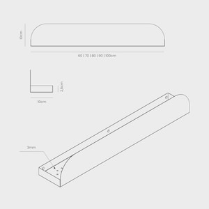 May include: A technical line drawing of a long, narrow wall shelf. The diagram shows a height of 10cm, a depth of 10cm, a thickness of 2.6cm, and a material thickness of 3mm. Available lengths are labeled as 60, 70, 80, 90, and 100cm.
