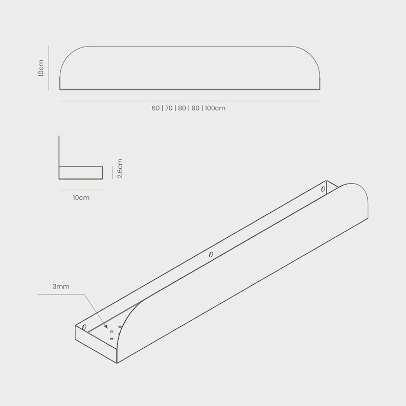 May include: A technical line drawing of a long, narrow wall shelf. The diagram shows a height of 10cm, a depth of 10cm, a thickness of 2.6cm, and a material thickness of 3mm. Available lengths are labeled as 60, 70, 80, 90, and 100cm.
