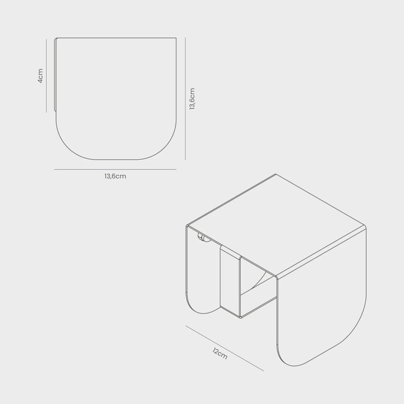 May include: Line drawing of a small, square box with a drawer and rounded edges. The box is 12 cm wide, 13.6 cm tall, and 4 cm deep. The image is a technical drawing, showing dimensions.