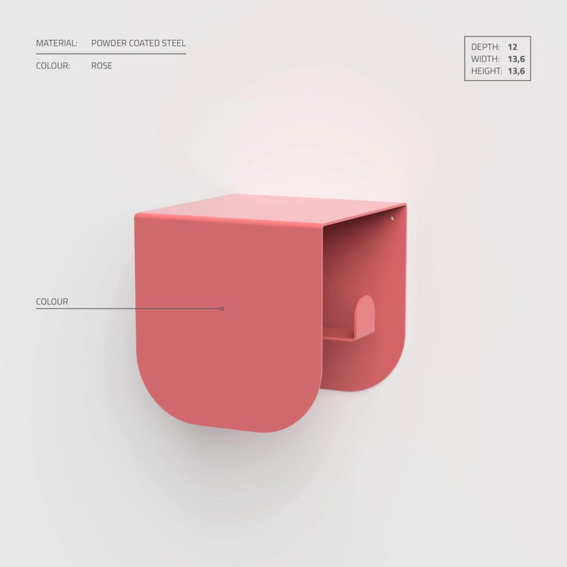May include: A rose-colored, powder-coated steel wall shelf. The shelf has a depth of 12, width of 13.6, and height of 13.6. The design features a curved front and a small shelf inside.