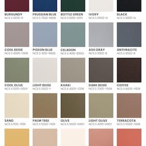 K&ouml;nnte beinhalten: Eine Farbpalette mit 25 verschiedenen Vollfarben, die jeweils in einem Quadrat dargestellt werden. Die Farben reichen von Burgunderrot und Preu&szlig;ischblau bis zu Elfenbein und Schwarz. Weitere Farben sind Cool Beige, Taubenblau, Celadon, Aschgrau und Anthrazit.