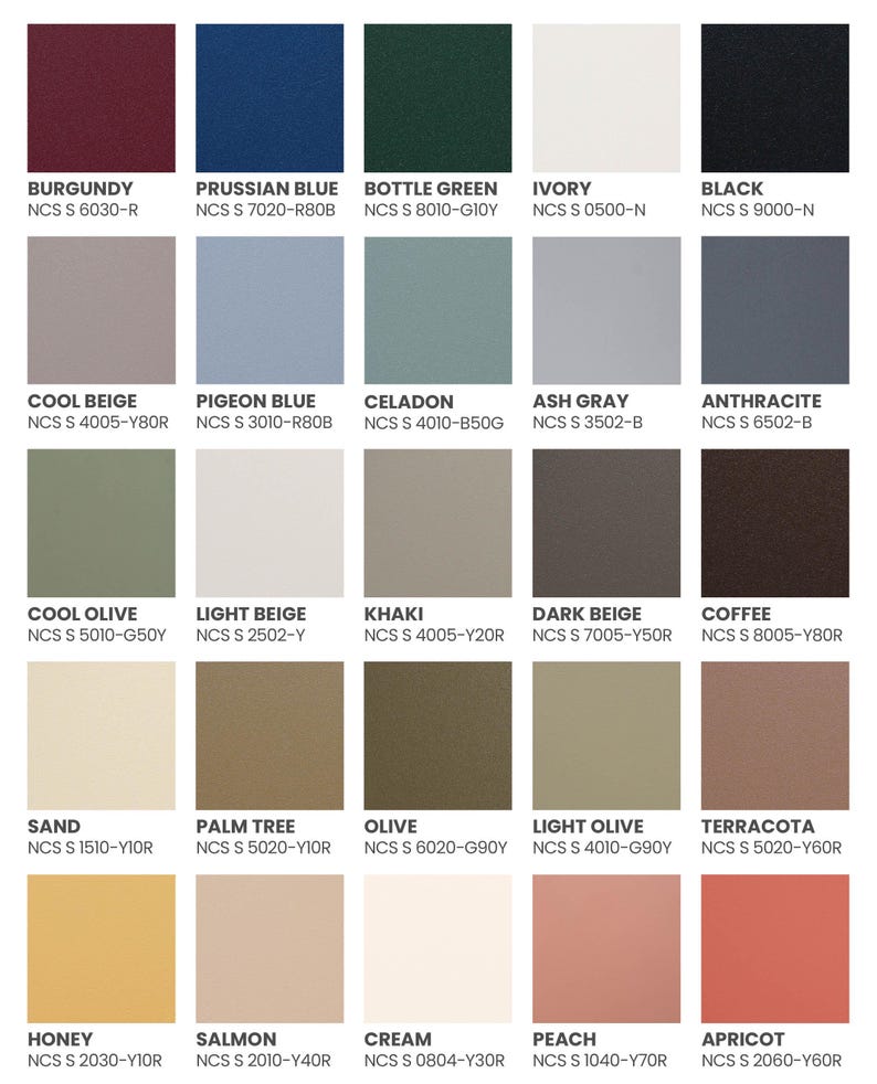 K&ouml;nnte beinhalten: Eine Farbpalette mit 25 verschiedenen Vollfarben, die jeweils in einem Quadrat dargestellt werden. Die Farben reichen von Burgunderrot und Preu&szlig;ischblau bis zu Elfenbein und Schwarz. Weitere Farben sind Cool Beige, Taubenblau, Celadon, Aschgrau und Anthrazit.