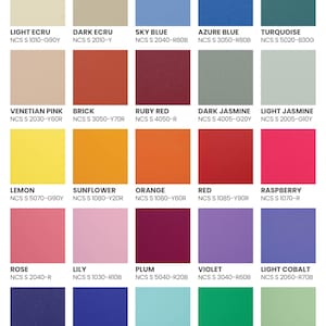 K&ouml;nnte beinhalten: Eine Farbpalette mit 25 Volltonfarbfeldern, jeweils mit Namen und NCS-Code. Die Farben reichen von Hell-Ecr&uuml; bis Pistazie, einschlie&szlig;lich Blau-, Rot-, Gelb- und Gr&uuml;nt&ouml;nen. Die Palette ist f&uuml;r die Farbauswahl konzipiert.