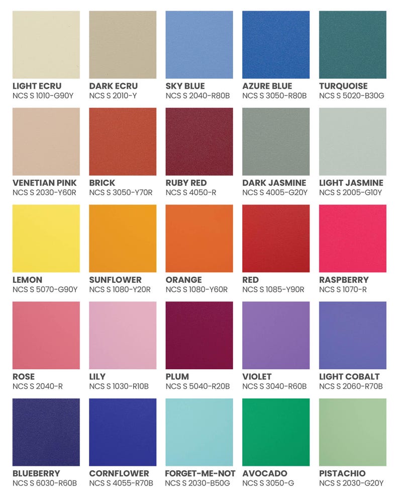 K&ouml;nnte beinhalten: Eine Farbpalette mit 25 Volltonfarbfeldern, jeweils mit Namen und NCS-Code. Die Farben reichen von Hell-Ecr&uuml; bis Pistazie, einschlie&szlig;lich Blau-, Rot-, Gelb- und Gr&uuml;nt&ouml;nen. Die Palette ist f&uuml;r die Farbauswahl konzipiert.