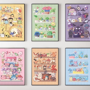 May include: Six framed art prints featuring colorful illustrations of various cartoon characters. Each print showcases a different theme, including plants, shelves, and a variety of characters. The prints are displayed against a white wall.