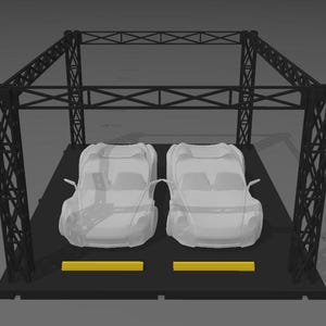 May include: A 3D rendering of two sports cars inside a black metal structure. The cars are white and appear to be transparent. Yellow rectangular blocks are in front of each car. The structure has a grid-like design.