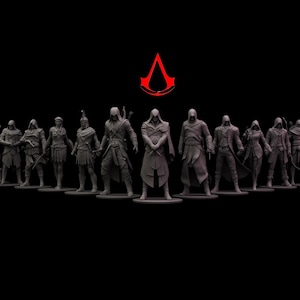 May include: A collection of detailed figurines of characters from the Assassin's Creed video game series. The figures are in various poses, with a red Assassin's Creed logo above them against a black background.