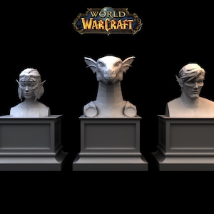 May include: Three white busts of fantasy characters on gray pedestals. The busts include a female elf, a dragon-like creature, and a male elf. The World of Warcraft logo is at the top.
