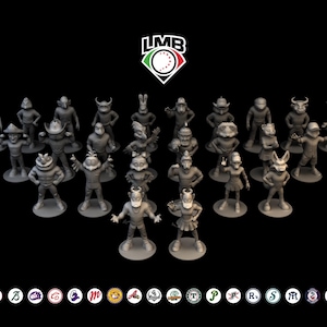 Puede incluir: Colección de figuras grises de varios personajes de dibujos animados, dispuestas en filas sobre un fondo negro. Las figuras incluyen animales y humanoides, con un logotipo de béisbol en la parte superior y logotipos de equipos en la parte inferior.