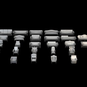 Puede incluir: Una colección de varios sofás y sillones grises sobre un fondo negro. Los muebles varían en estilo, incluyendo diseños tradicionales y modernos. La imagen muestra una gama de opciones de asientos para una sala de estar u otro espacio interior.